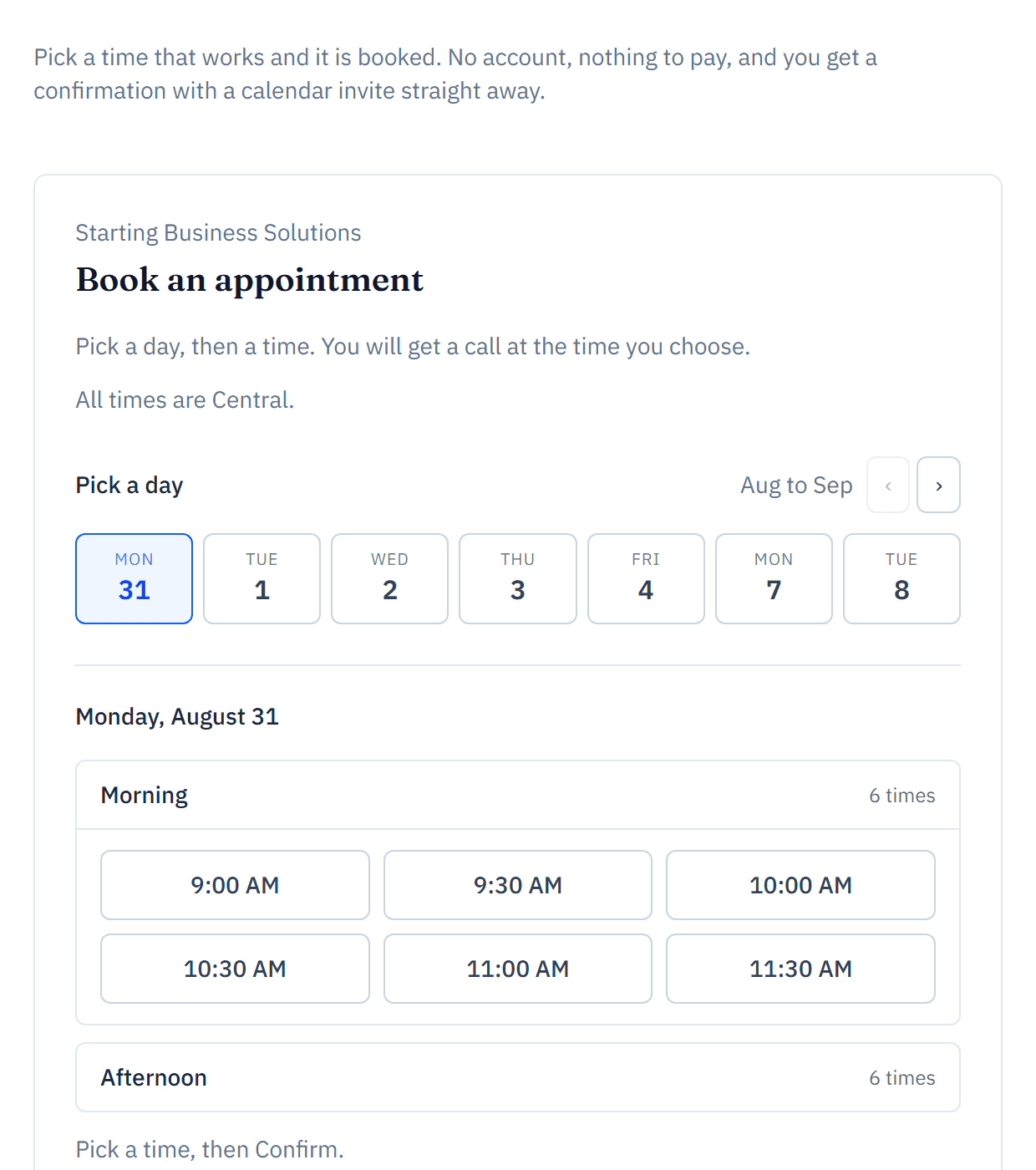 The appointment picker on the Starting Business Solutions site. A row of day buttons reads Mon 31, Tue 1, Wed 2, Thu 3, Fri 4, Mon 7, Tue 8, with the weekend absent because no times are open then. Under Monday August 31 a Morning group is open showing six times from 9:00 AM to 11:30 AM, and an Afternoon group below it shows six more.